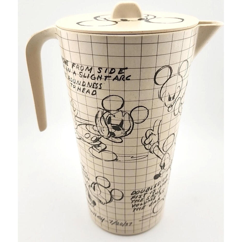 Disney Mickey Mouse Sketchbook Pitcher w/ Lid 8.5" Tall Bamboo Eco-Friendly VTG